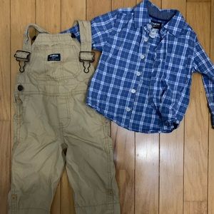 Oshkosh overalls and button-up set, blue and khaki, size 2T
